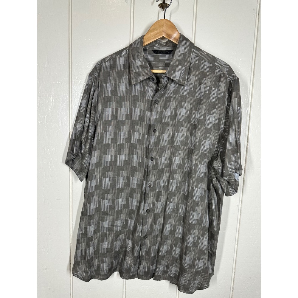 Axist Shirt Mens XL Grey Geometric Block Rayon Short Sleeve Button Down 7655